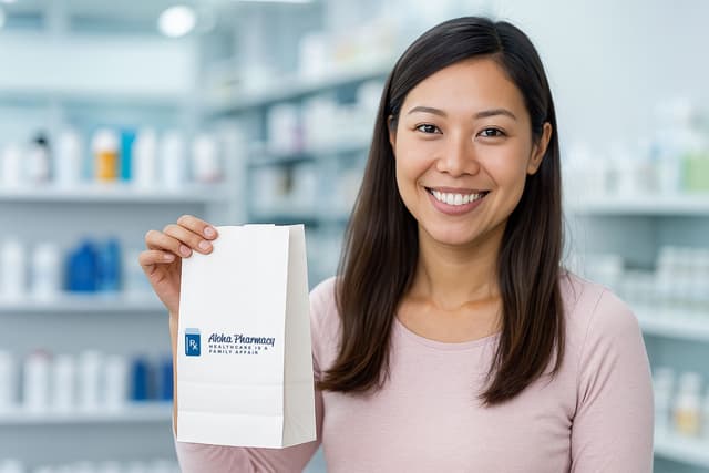 Shelves stocked with health products at Aloha Pharmacy.