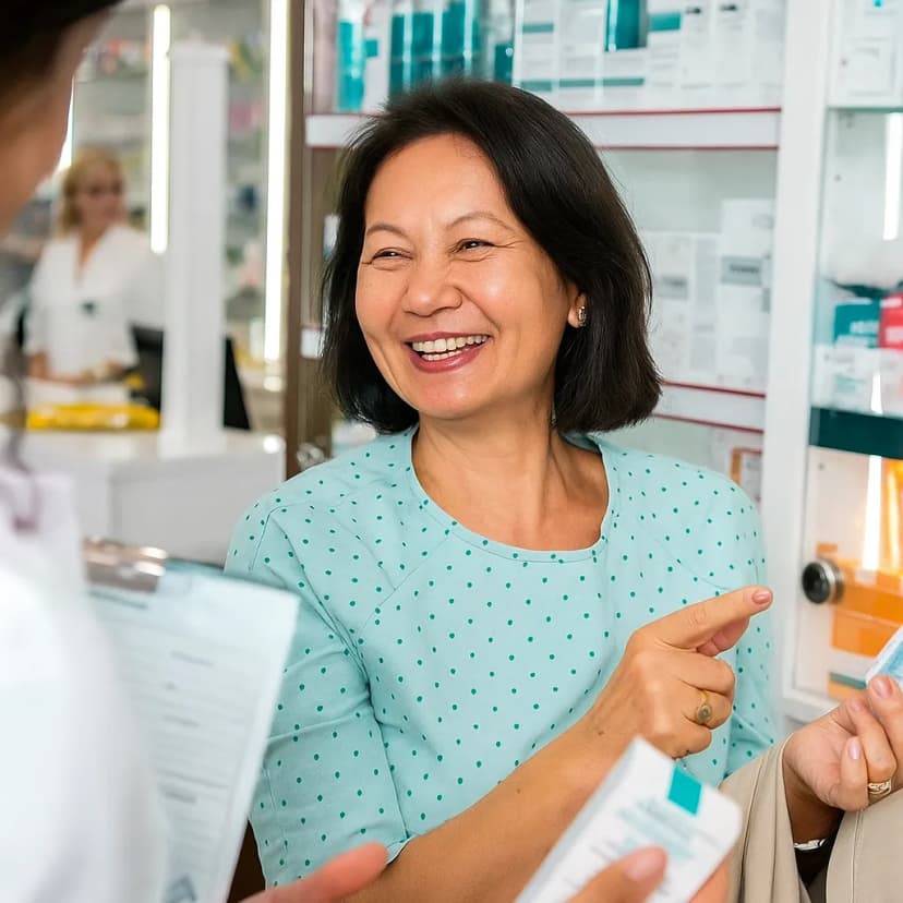 Smiling pharmacist helping customer